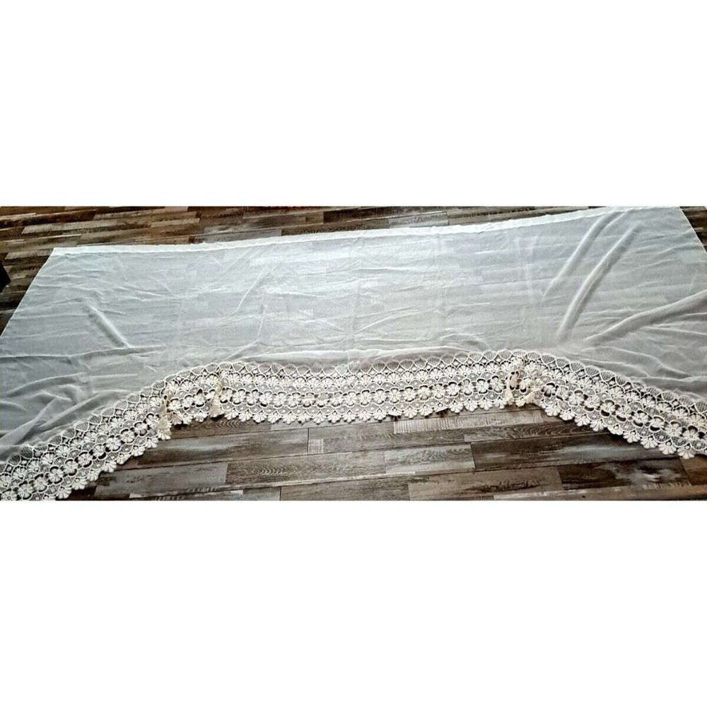 Extra Long Curtain Panel Arched Angled Sheer White W Daisy Lace Trim 116" Width